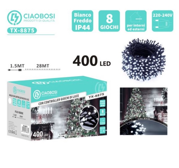 Stringa 400 Led 28mt Bianco freddo Con 8 Giochi di Luci IP44